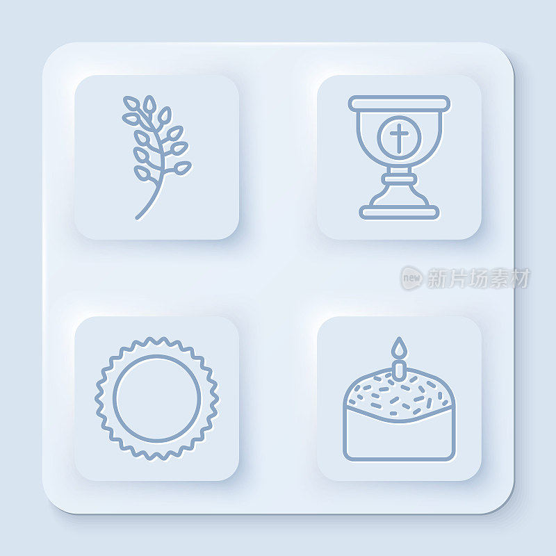 Set line Willow leaf, Christian chalice, Sun and Easter cake and candle. White square button. Vector